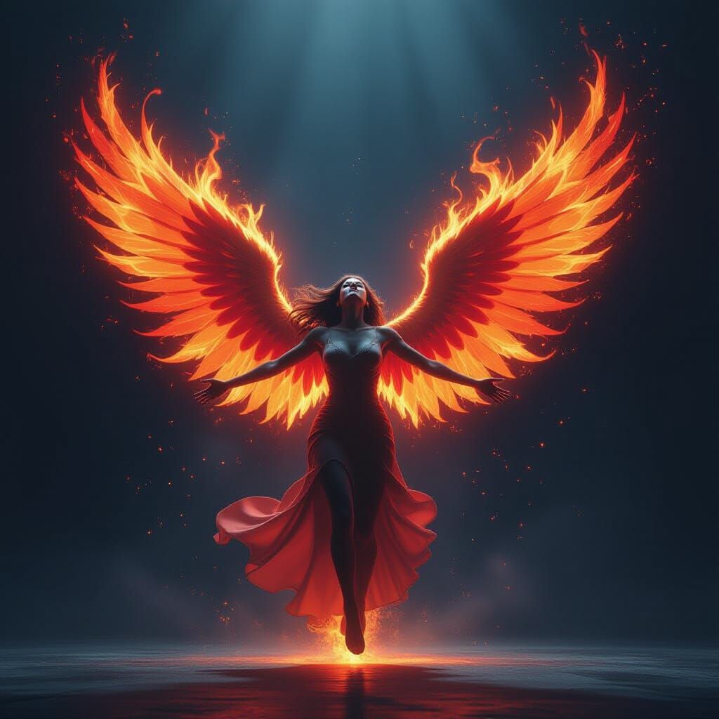 Figure with Fiery Wings in Ecstatic Flight