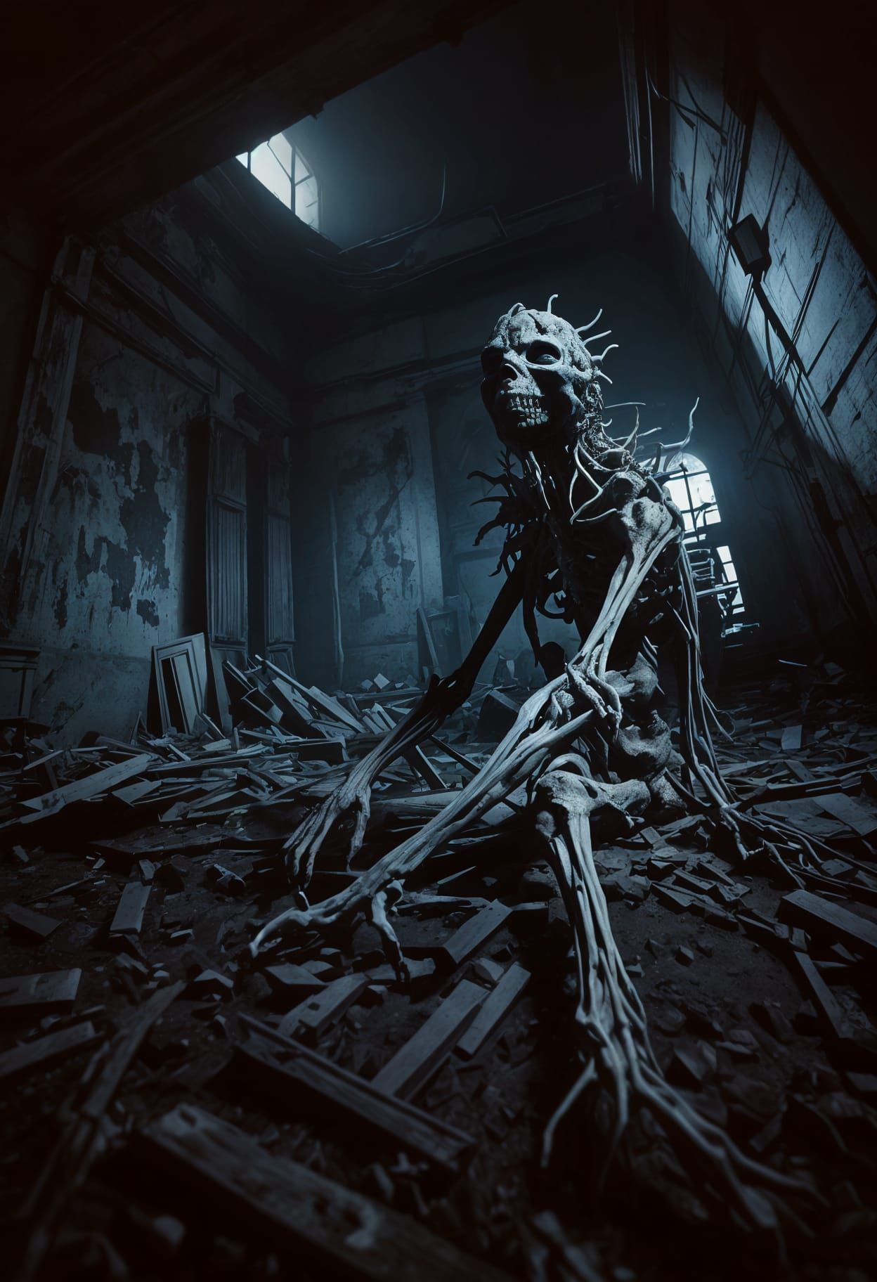 Ethereal Horror Unfolds Under a Pale Blue Moonlit Sky