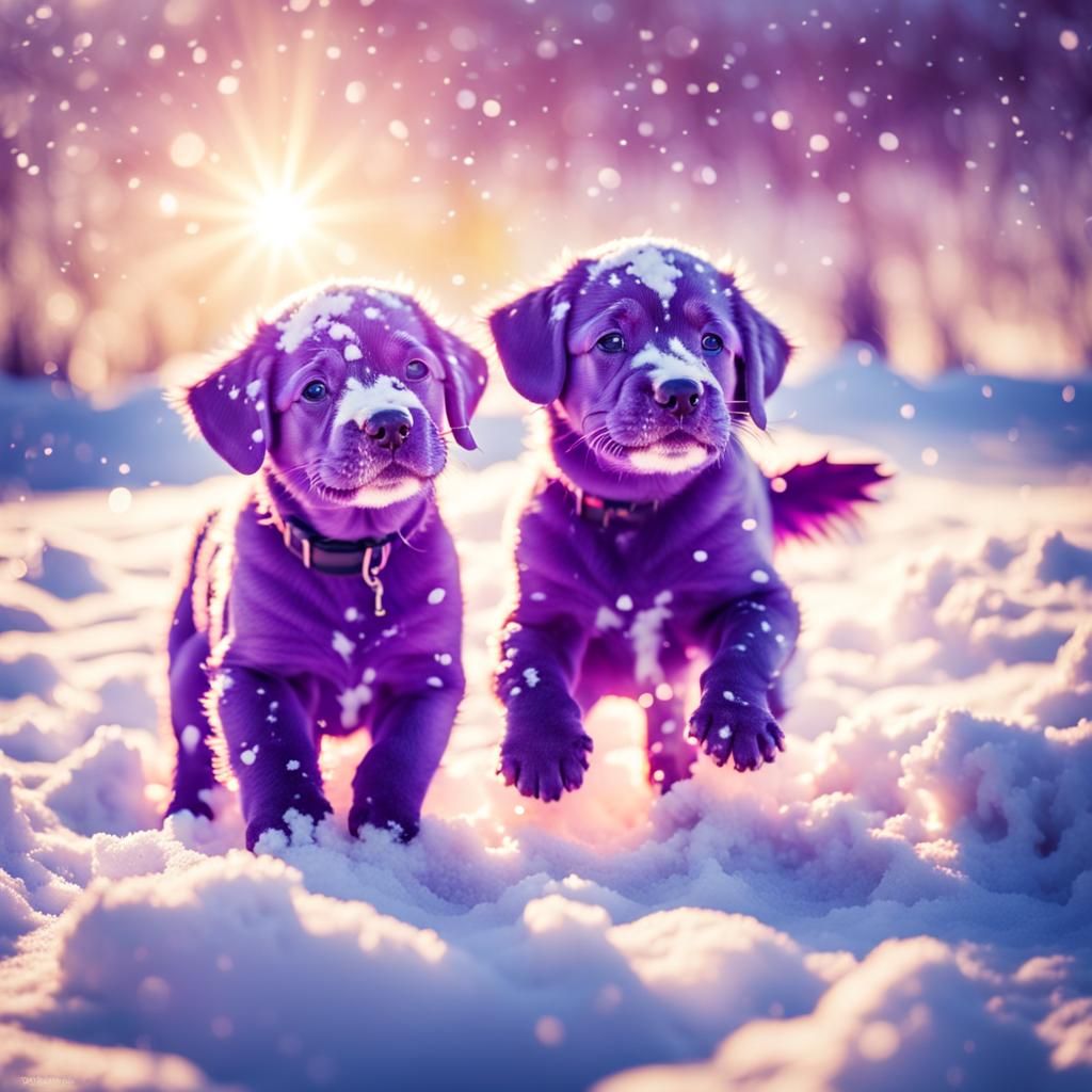 Purple Puppies Play in the Snow
