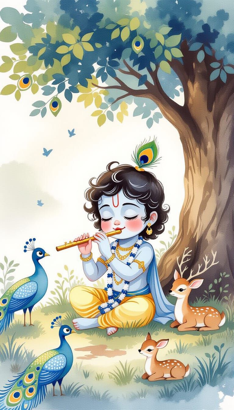 Toddler Krishna Playing Flute Beneath Kadamba Tree