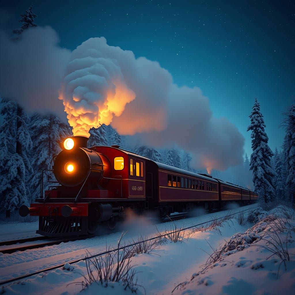 Vintage Steam Train in Snowy Forest Under Starlit Sky