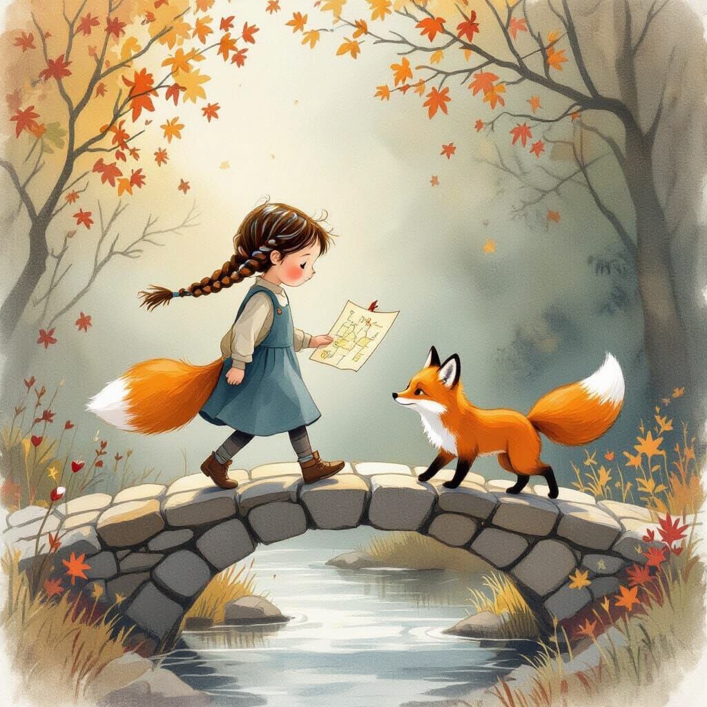 Lila and Autumn Fox on Shadowy Bridge