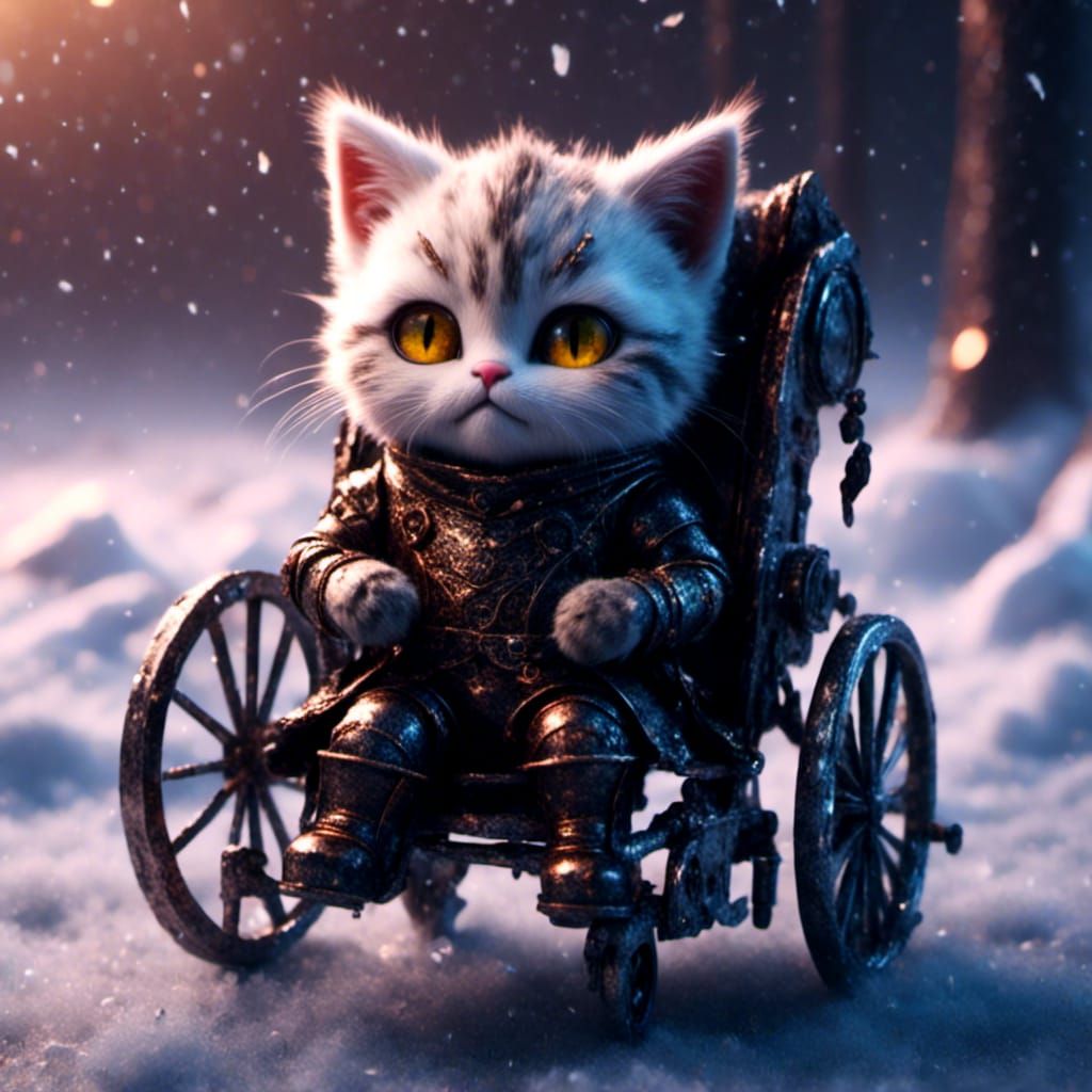 Epic Blind Cat in Wheelchair, Photorealistic CGI