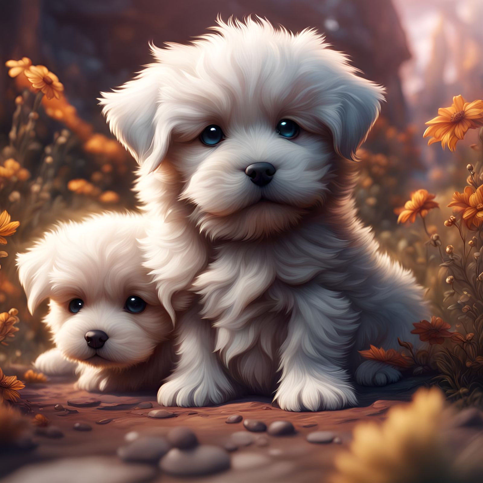 Cute Fluffy Puppies in Detailed Matte Painting
