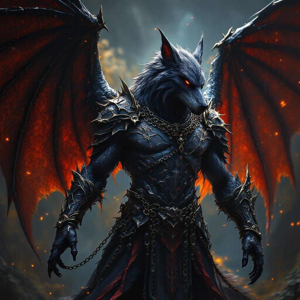 Medieval Dark Fantasy Wolfman in Dragon Winged Armor