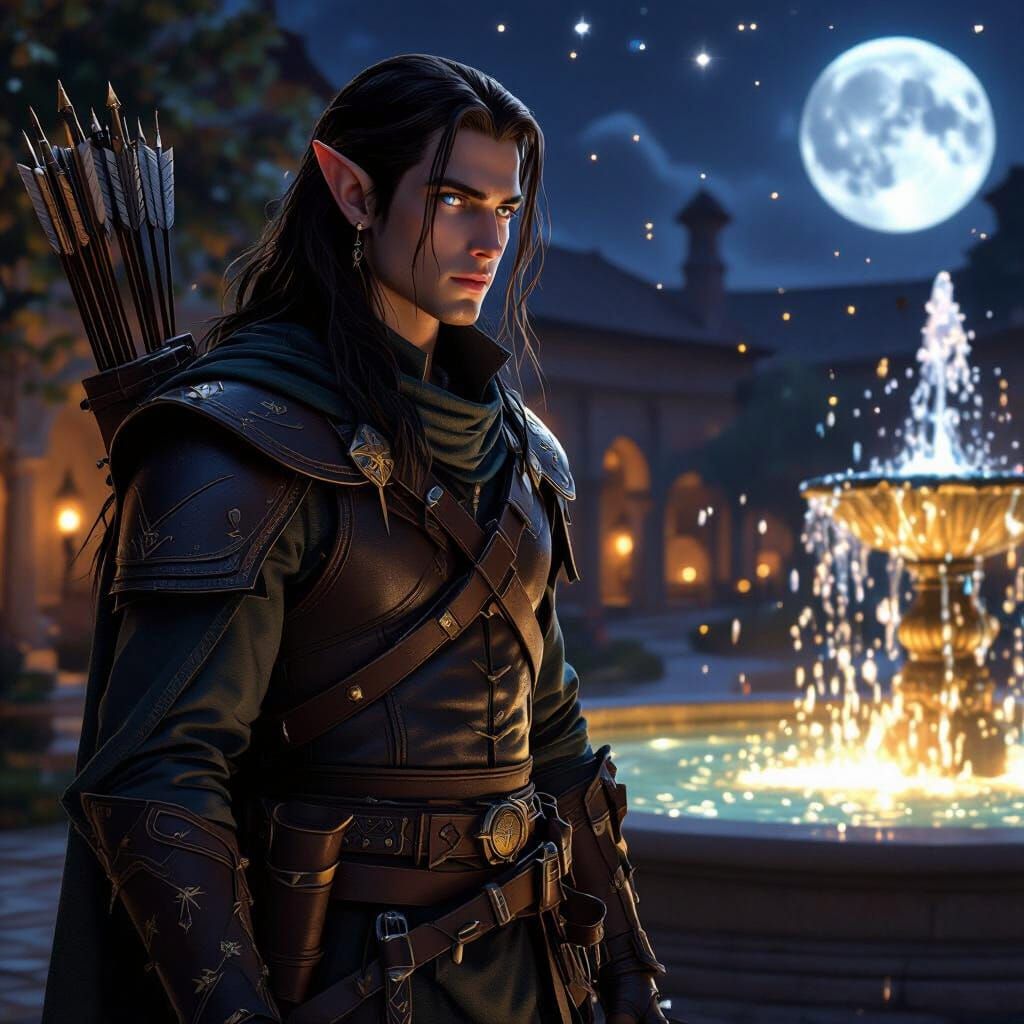 Elf Gazing at Starlight Fountain in Courtyard