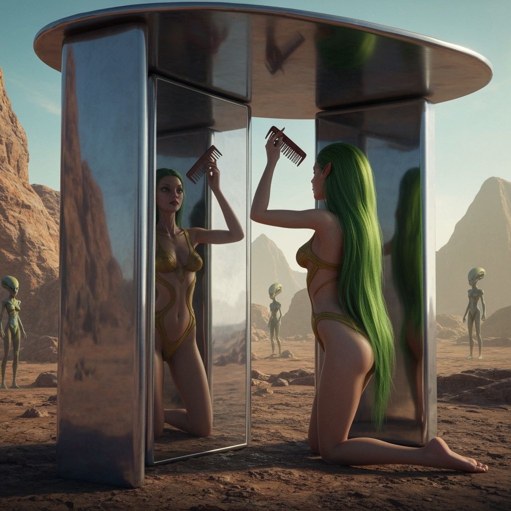 Alien Woman Combing Hair in Mirror Monolith