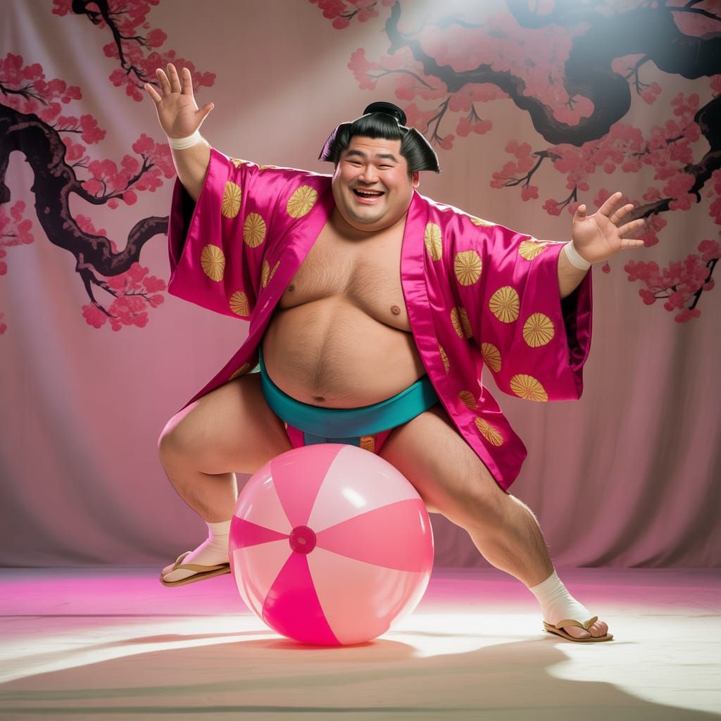 Sumo Wrestler Balances on Beach Ball in Ukiyo-e Style