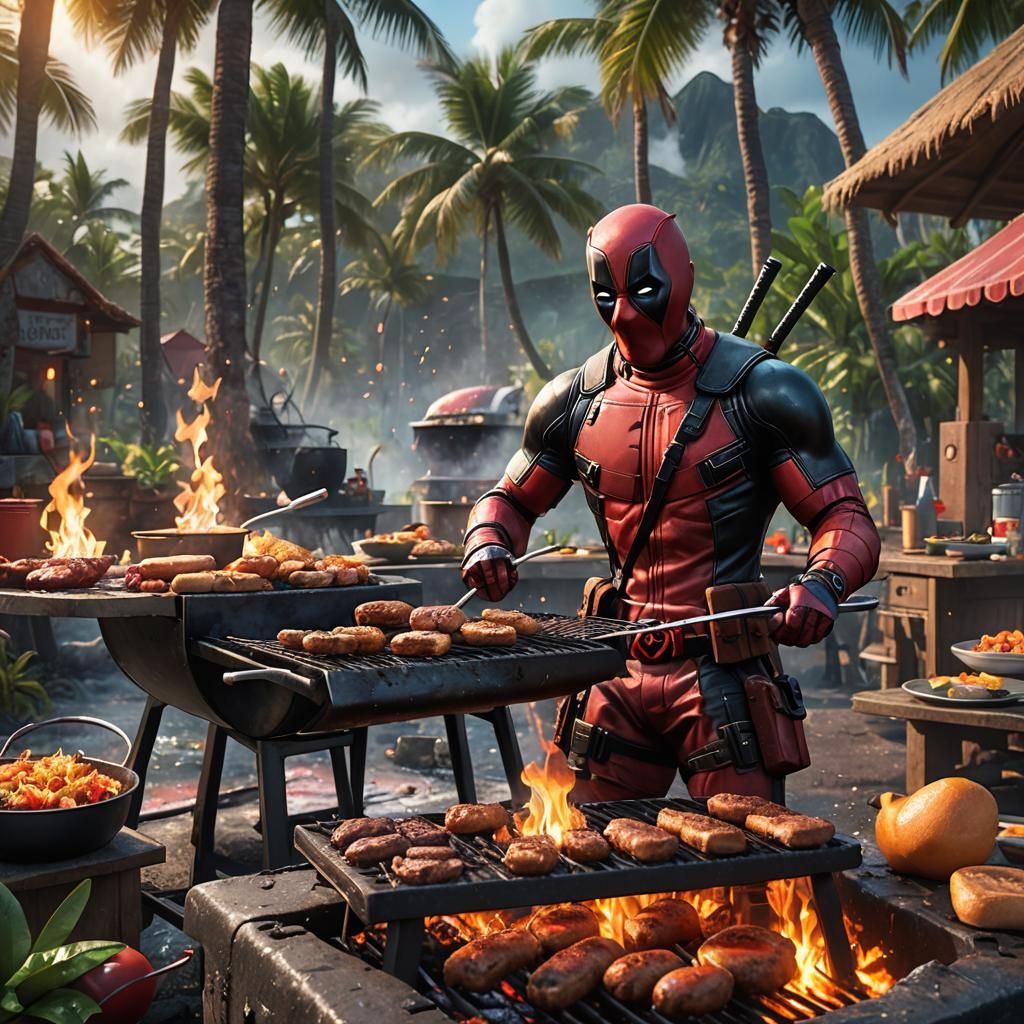 Deadpool BBQ on Tropical Island: Photorealistic Art