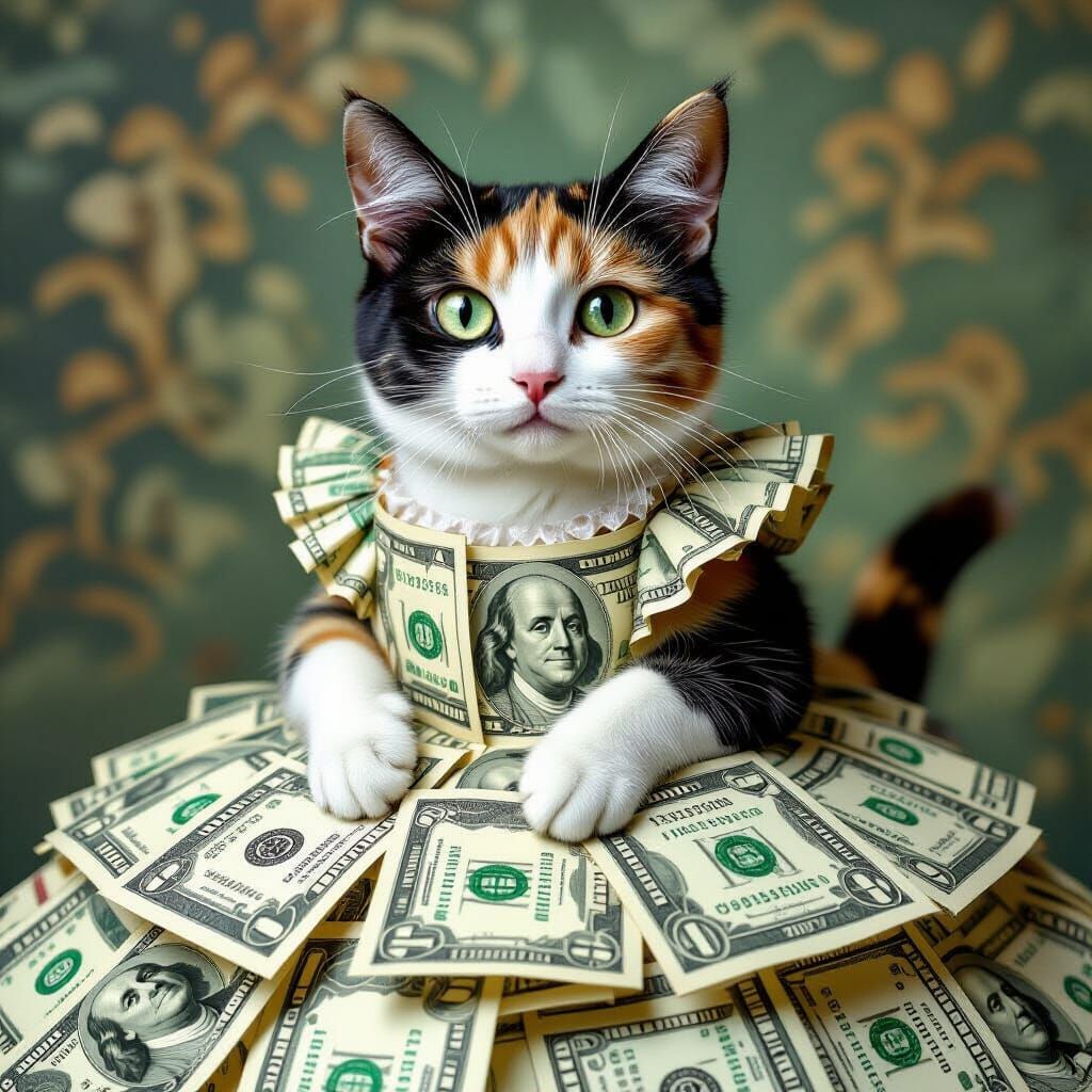 Calico Cat Neko in Money Dress with Vertigo Patterns
