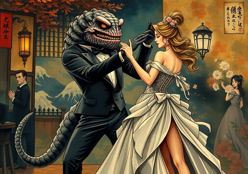 Monster's Elegant Dance: Ukiyo-e Style