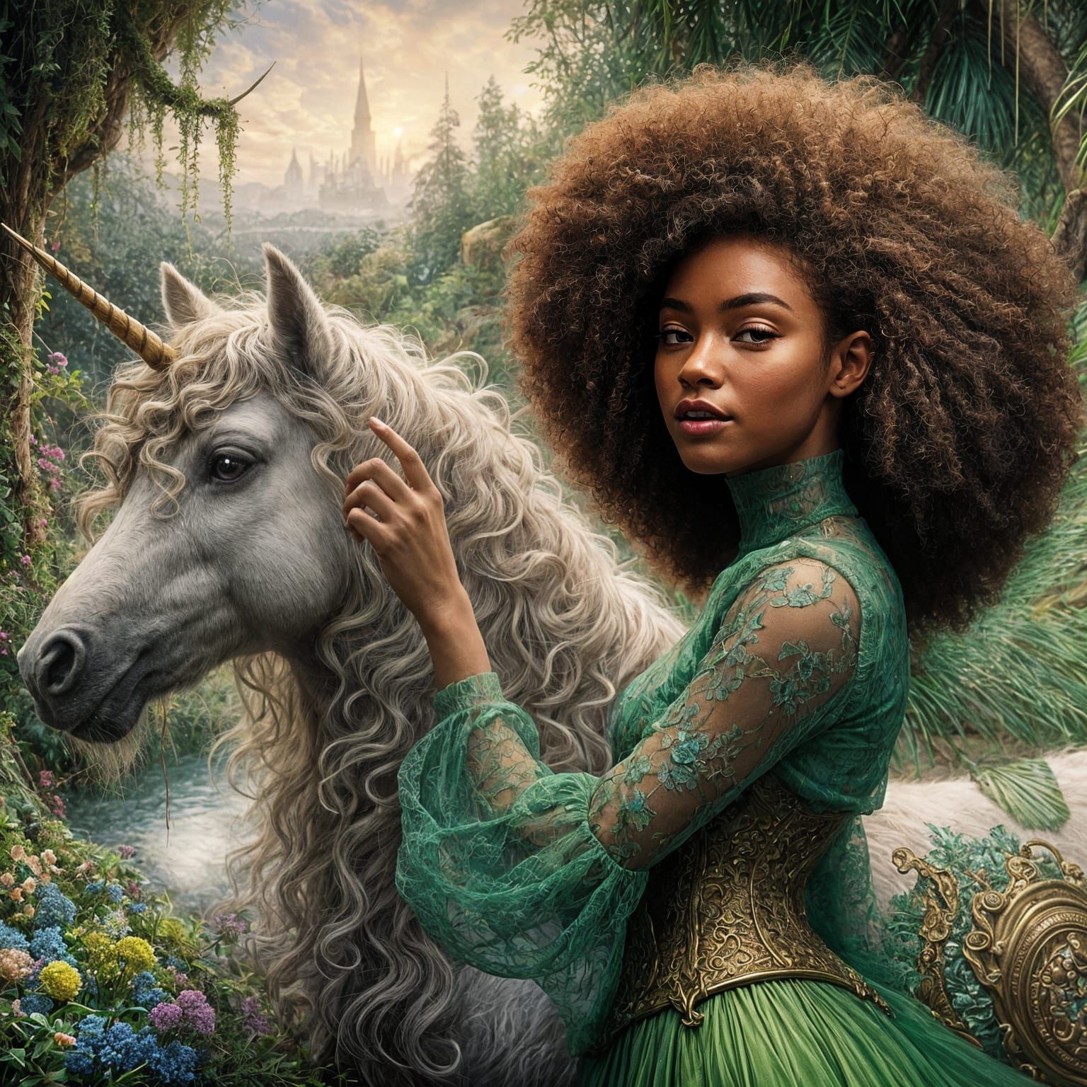 A beautiful curly brown hair African American fairy wearing a green laced dress brushing the  back of an unicorn.