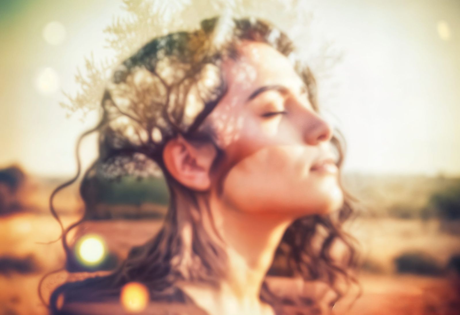 Ethereal Double Exposure Portrait Merging Woman and Olive Tr...