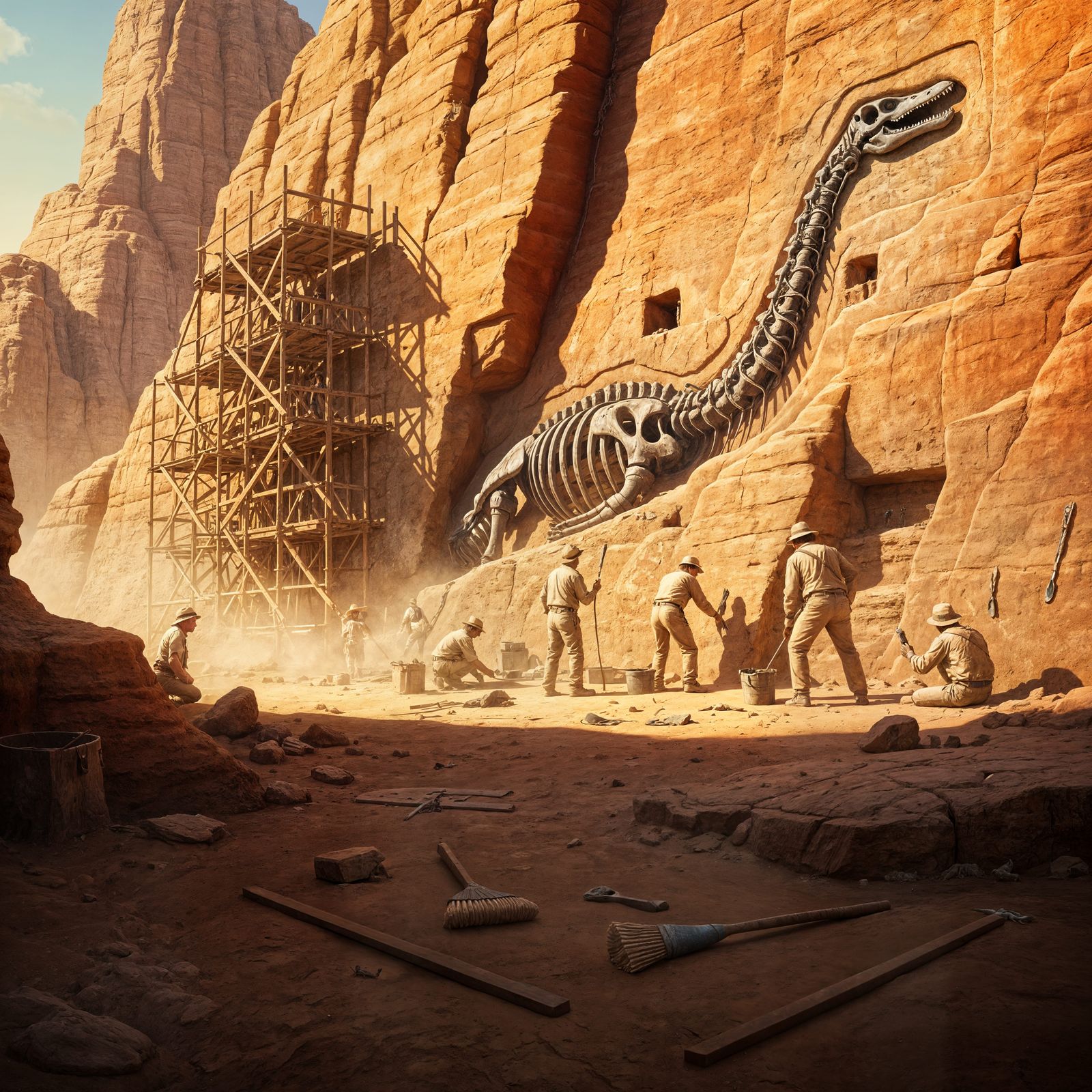 Plesiosaurus Skeleton Excavation in Dramatic Desert Setting