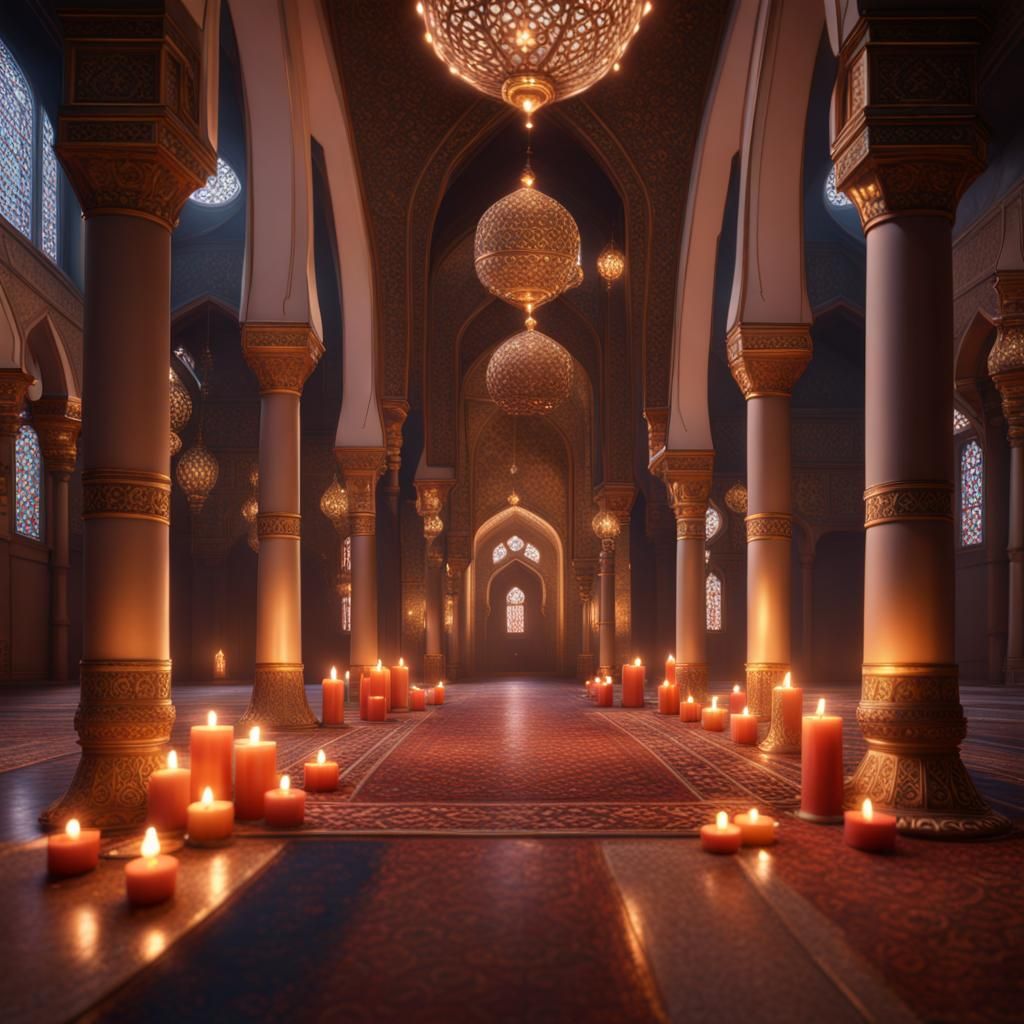 Garland Lights and Candles Inside Beautiful Mosque