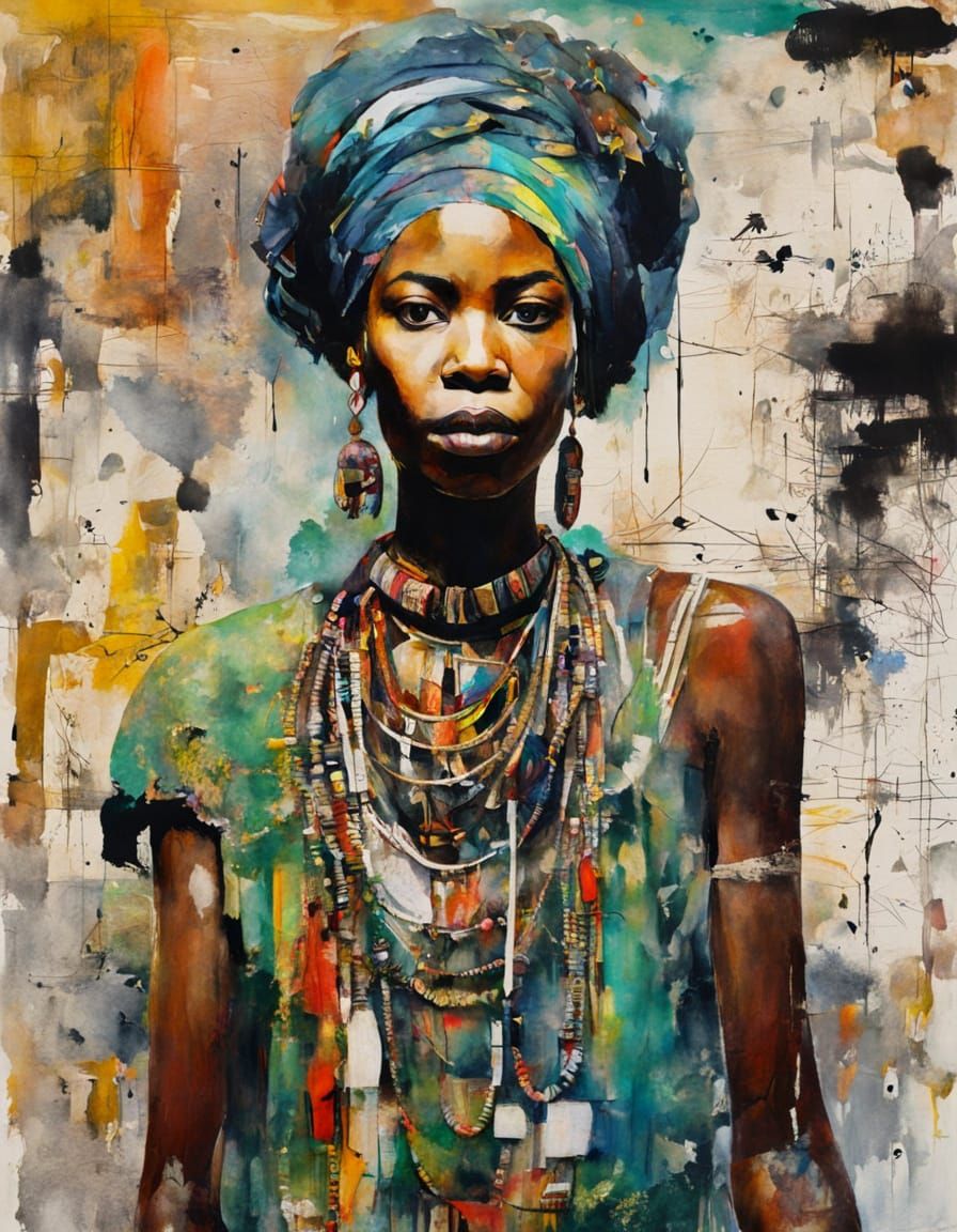 Elegant Woman in Tribal Attire: Abstract Layered Painting