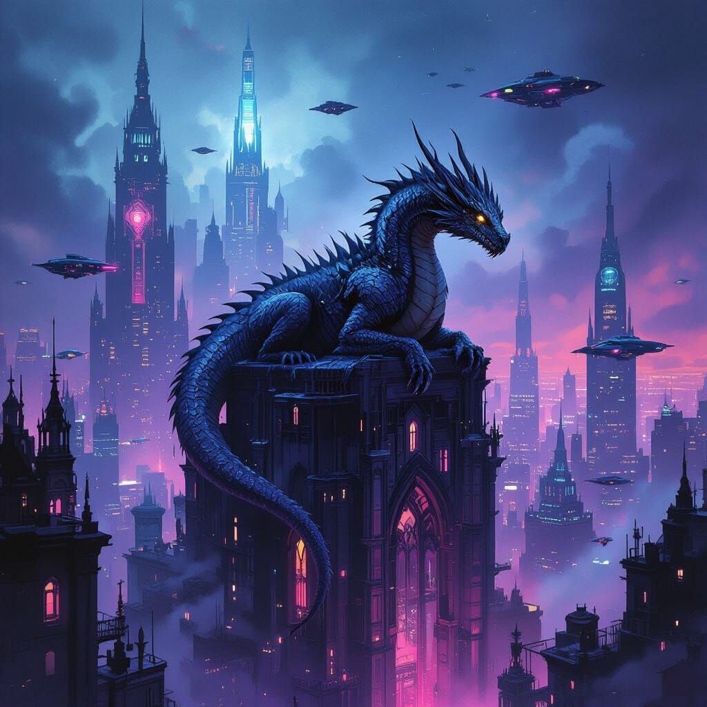 Dragon Over Cyberpunk City in Dark Fantasy Style