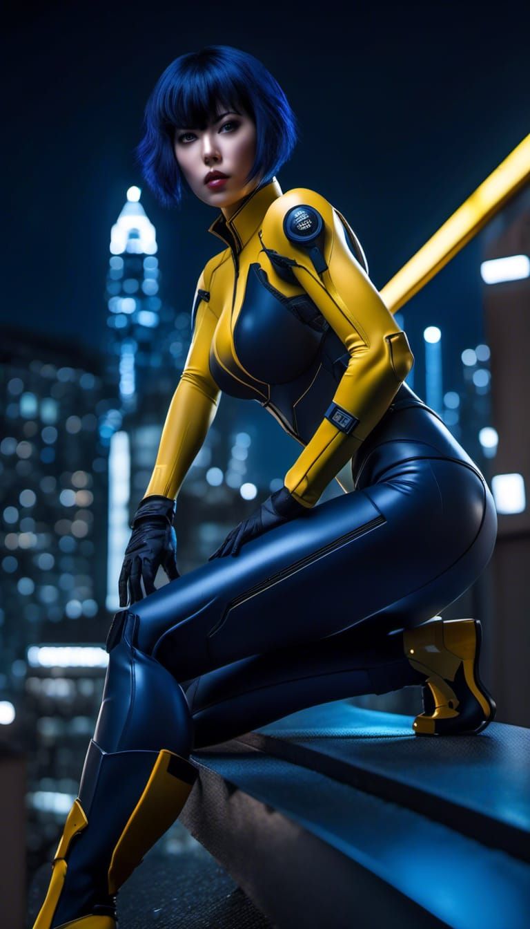 Ghost in the Shell Motoko Kusinagi in navy blue with yellow matte stealth bodysuit on building ledge at night. 8K resolu...