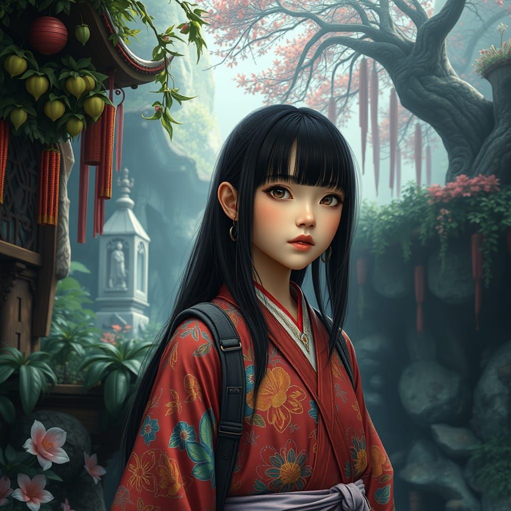 Fantastical Japanese Girl Stands in Lush Environment