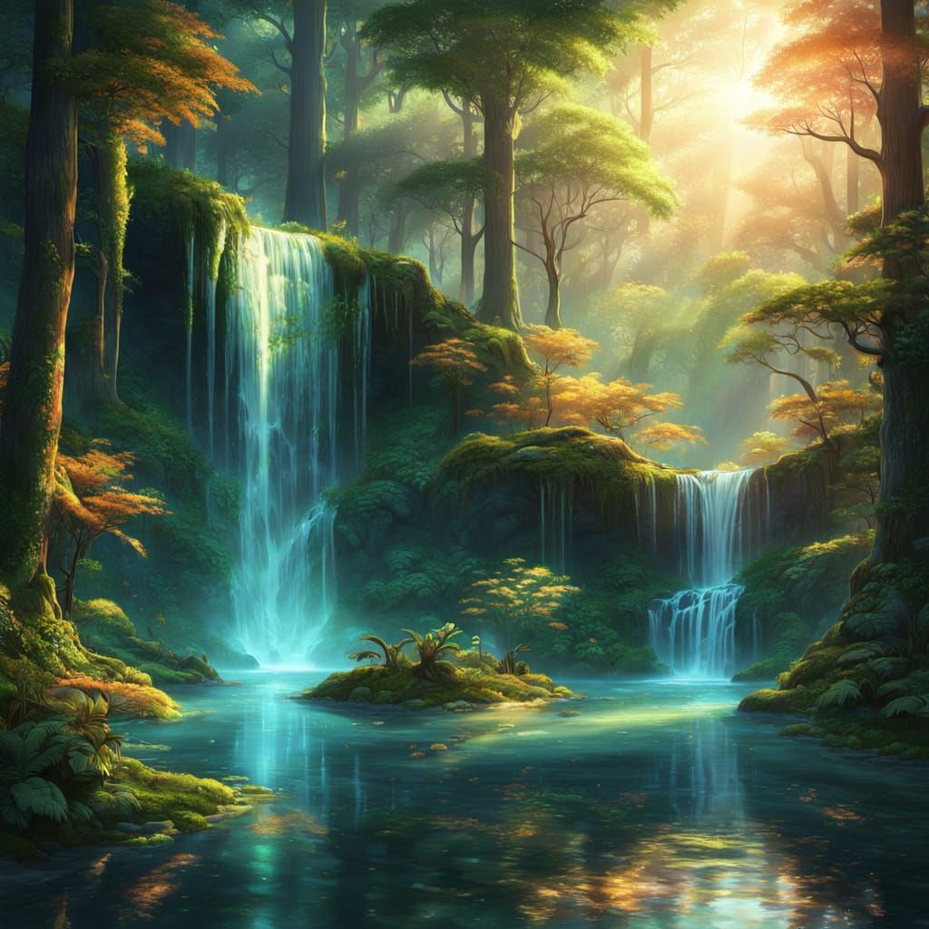 Majestic Forest at Dawn with Ethereal Flora