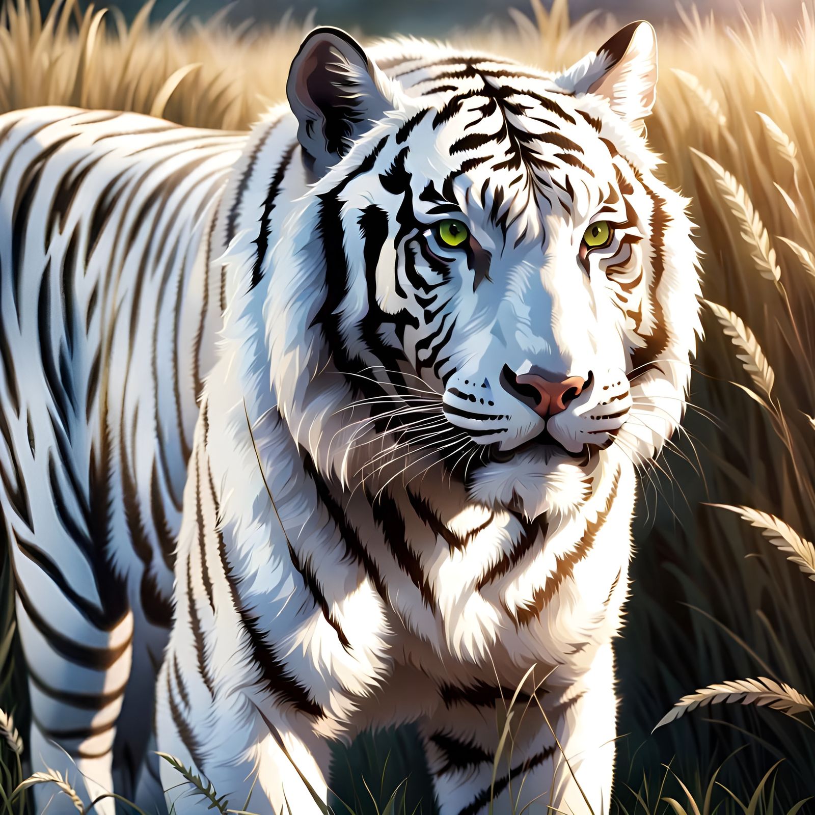 White Tiger in Sunlit Grassland