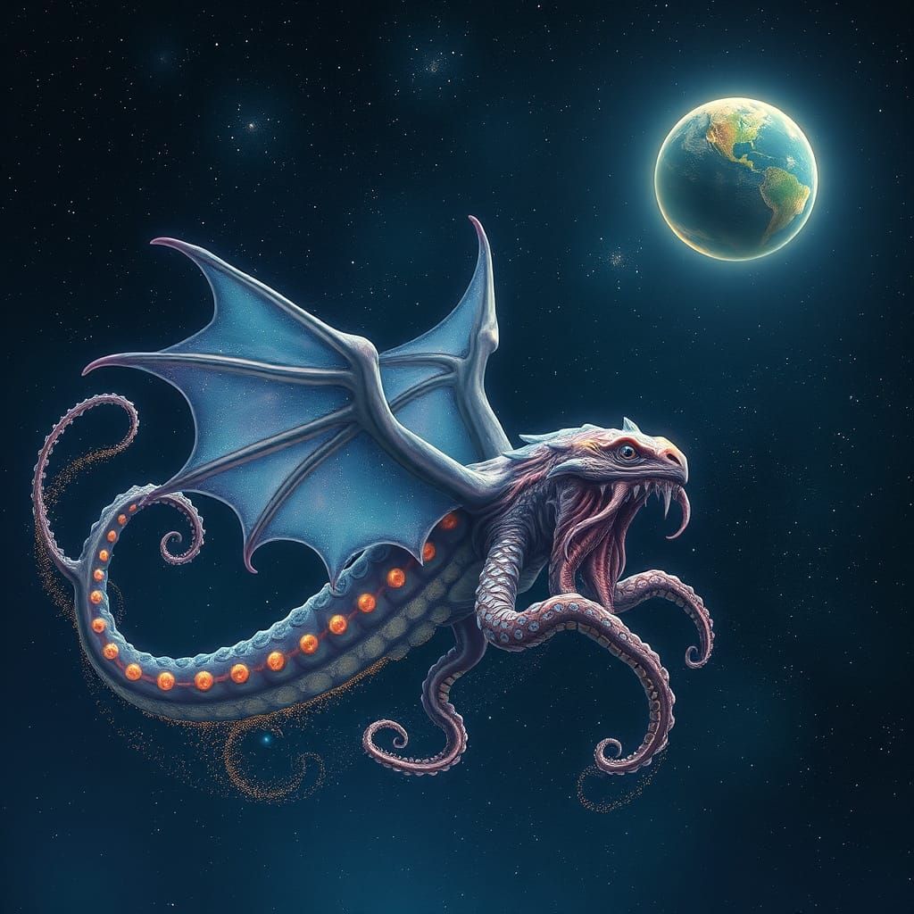 Ethereal Octopi-Dragon Hybrid in Starry Sky
