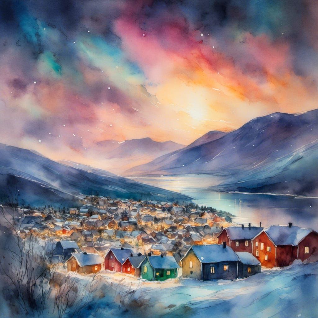 <lora:Watercolor:1.0> Tromsø sortland Norway...,,,!?