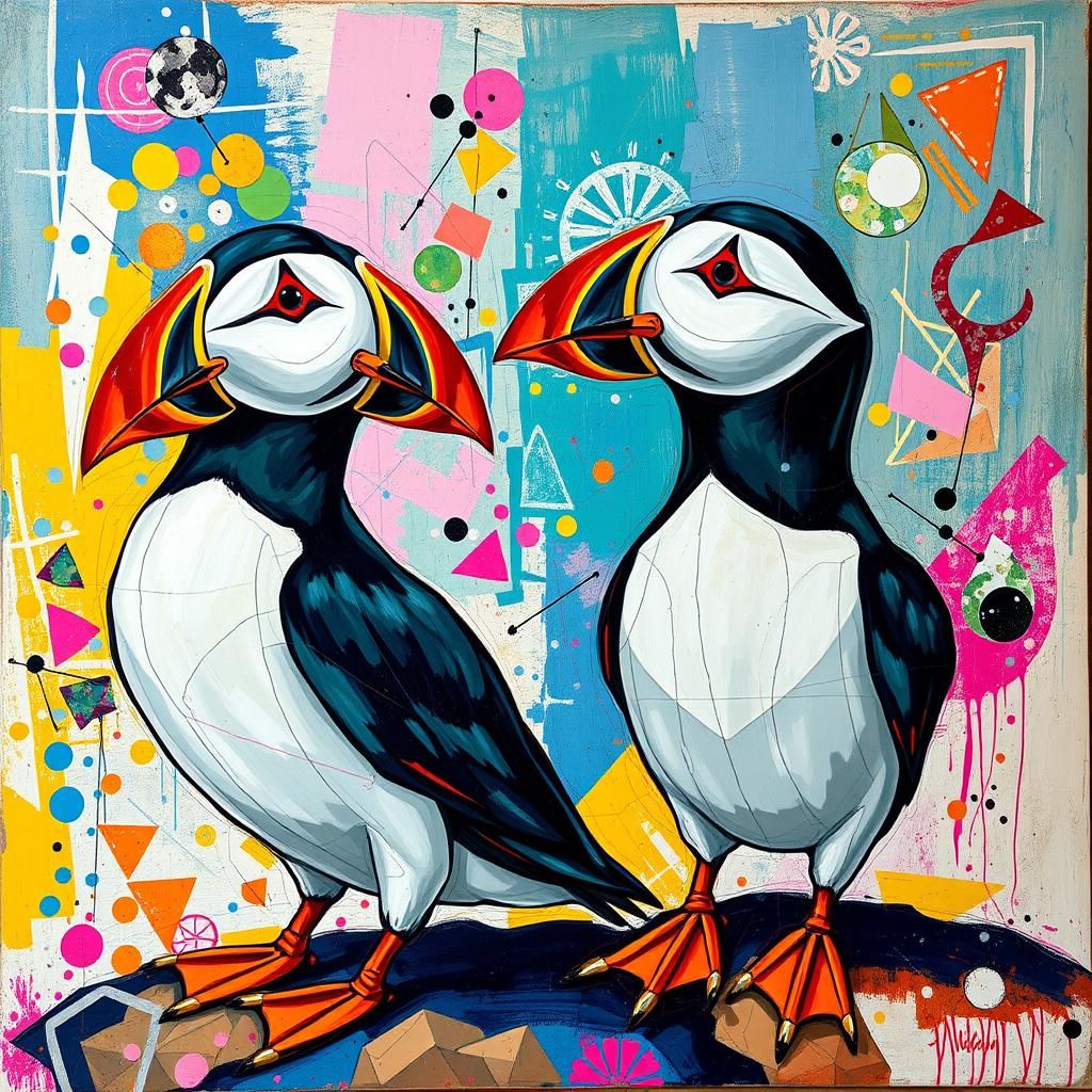 Abstract Cubist Puffins in Geometric Kaleidoscope