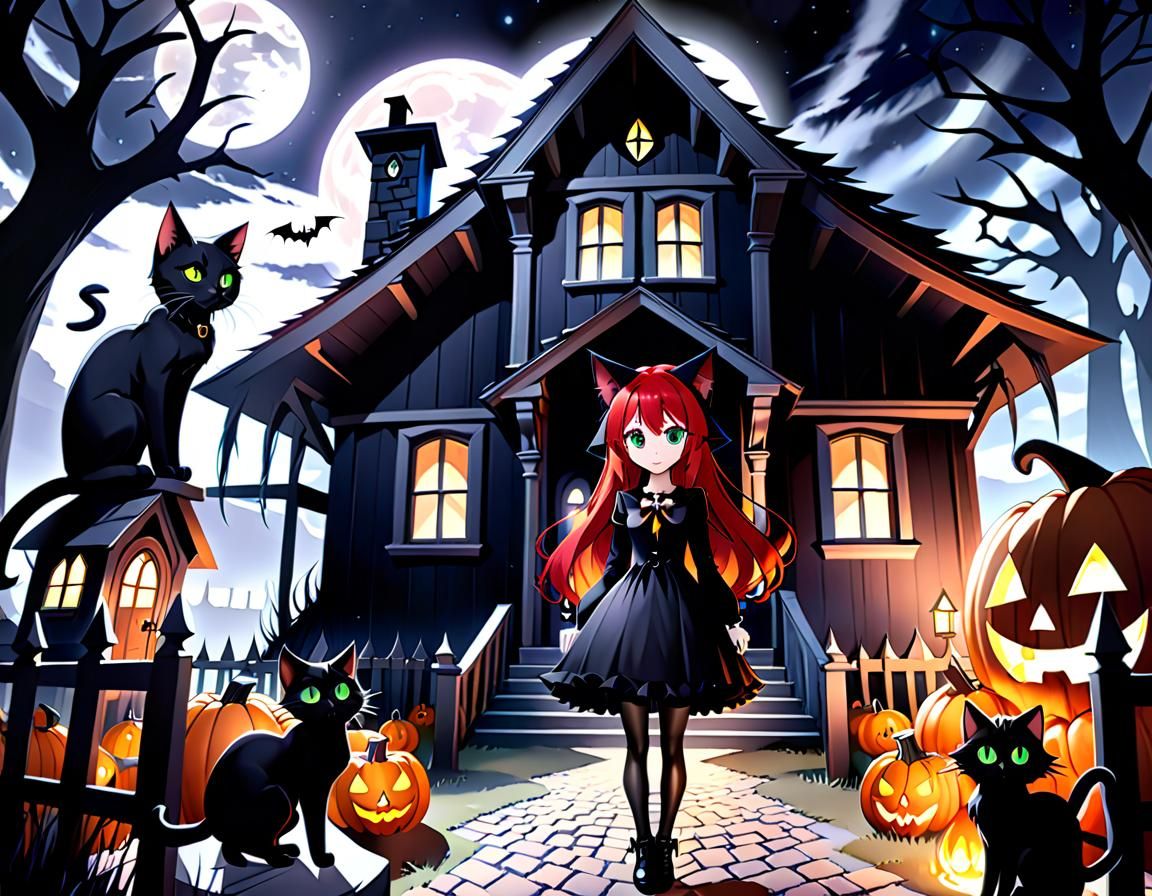 Anime Witch with Black Cat and Spooky House