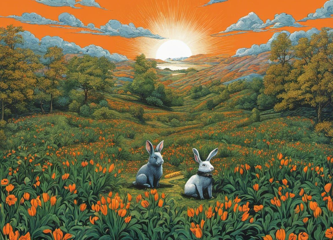 Rabbits in orange tulip field
