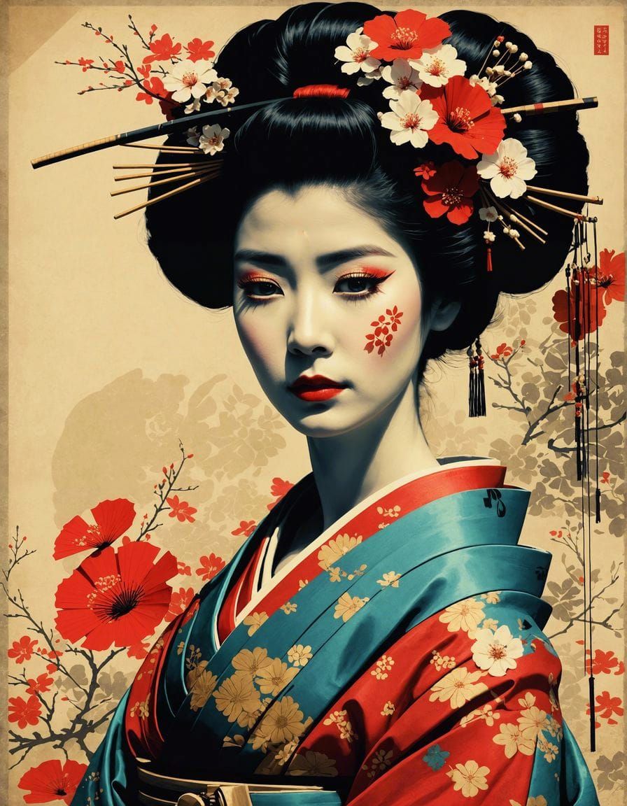 Sad Geisha in Digital Collage Style
