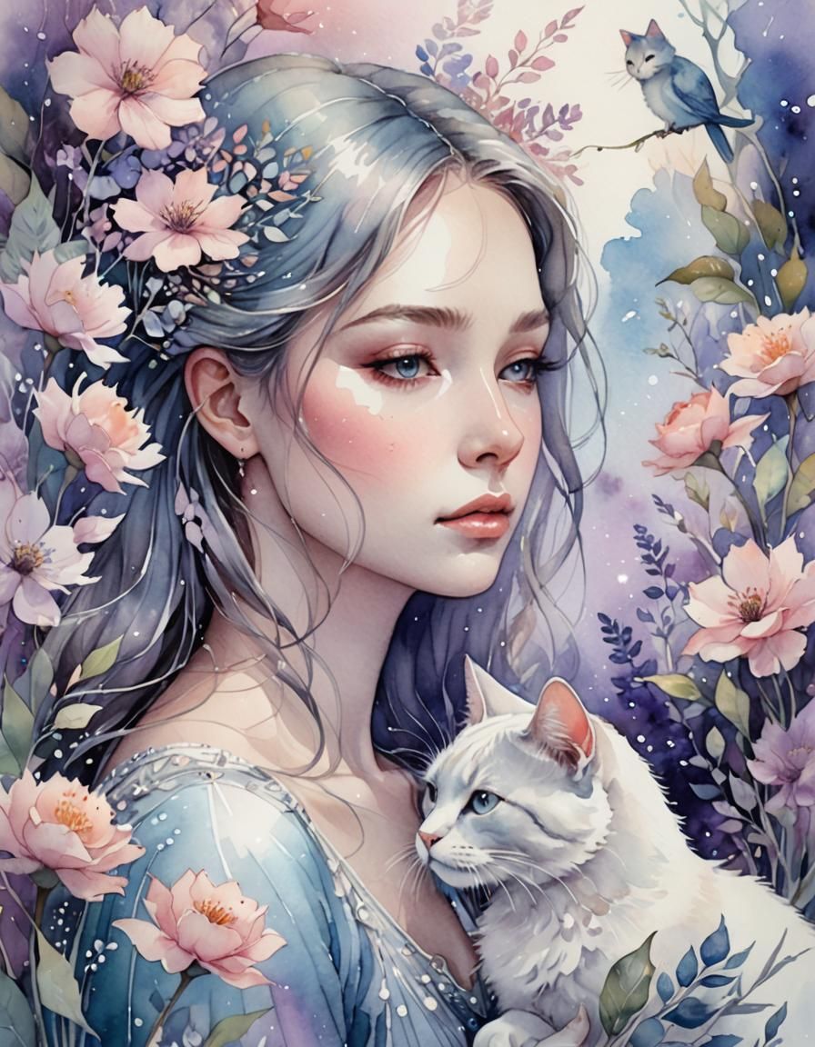 Dreamy Watercolor Girl with Cat in Floral Setting