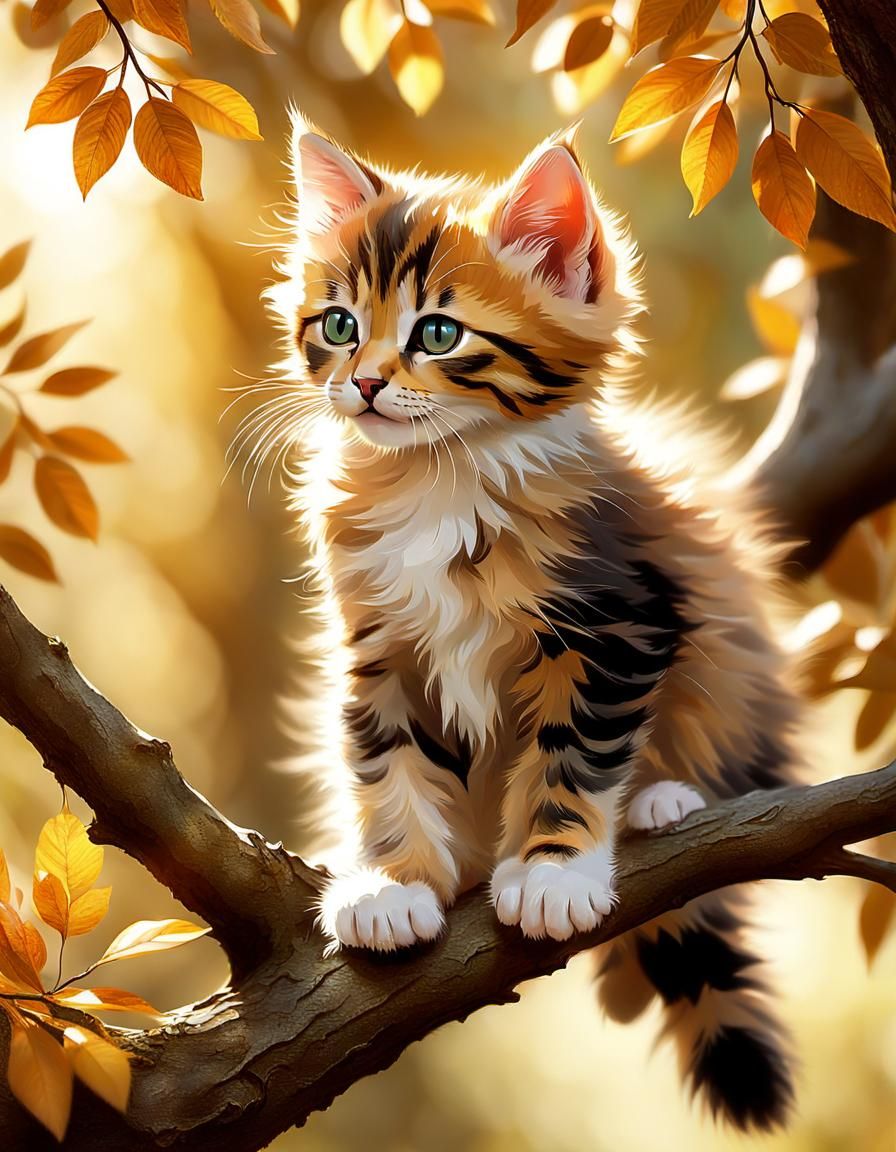 Kitten Hanging From Branch with Expressive Brushstrokes