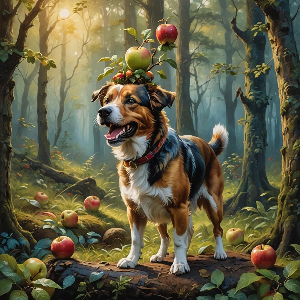Dog Balances Apple in Lush Forest, Impasto Painting