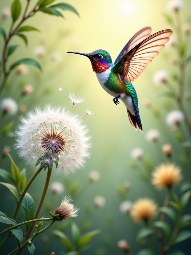 Iridescent Hummingbird on Dandelion in Watercolor Style