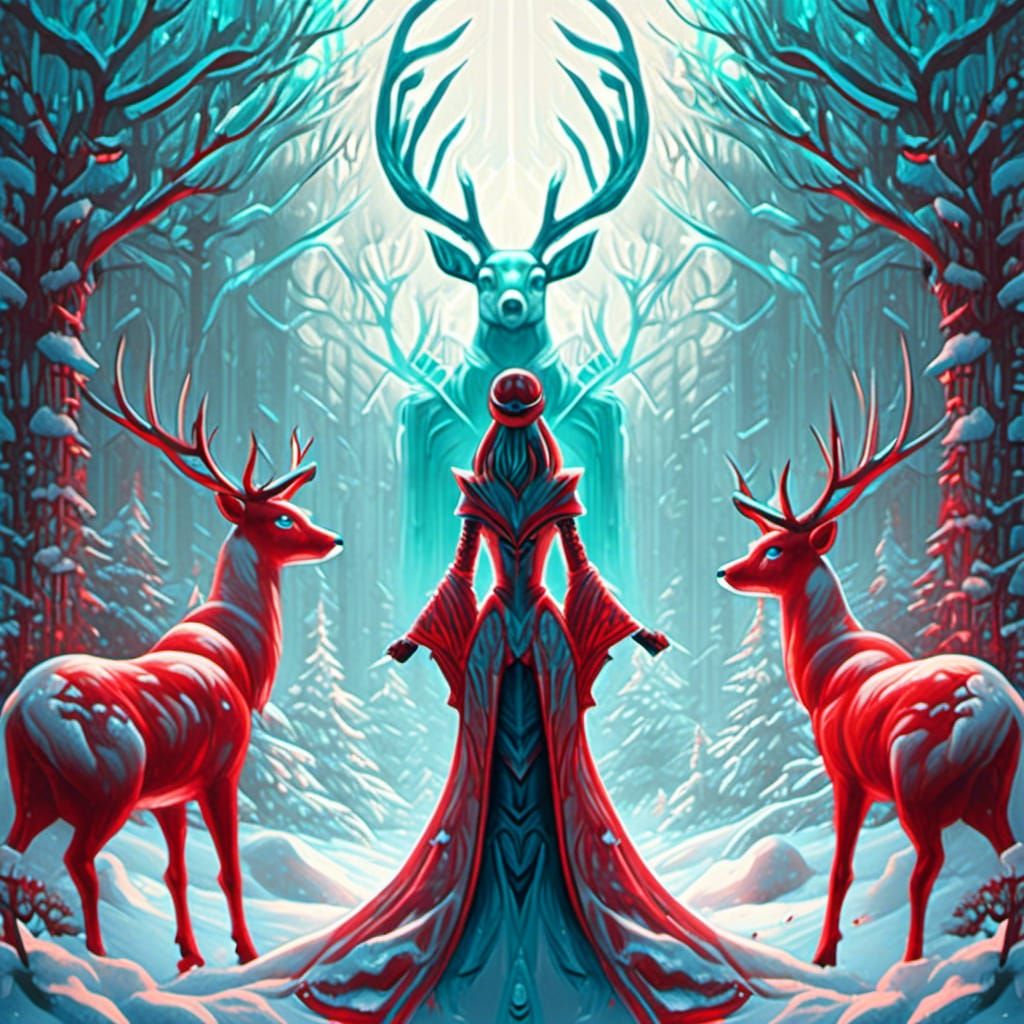 Woman and Deer in Snowy Forest, Gradient Anaglyph Art