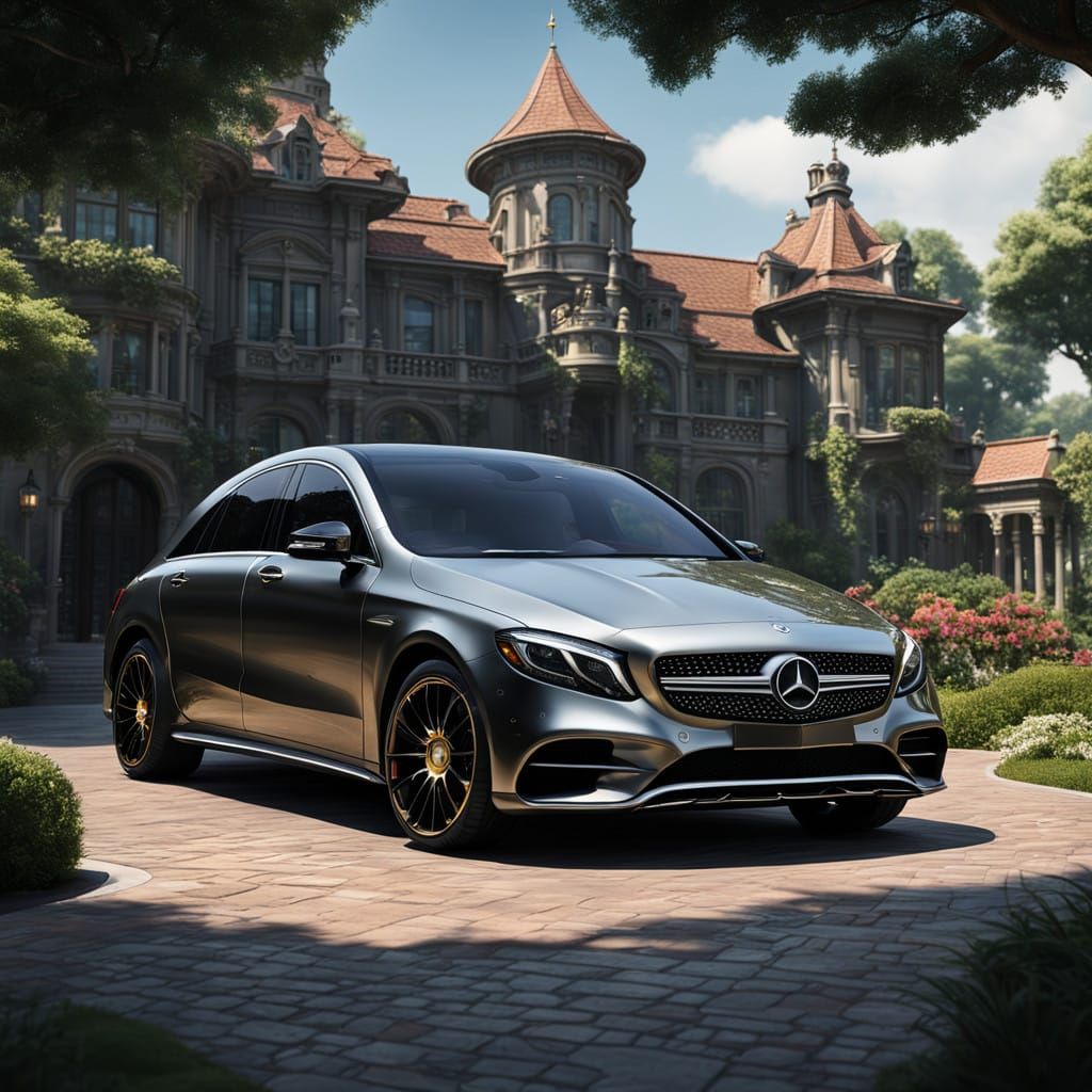 Luxurious Mercedes-Benz outside Opulent Gold and Black Manor