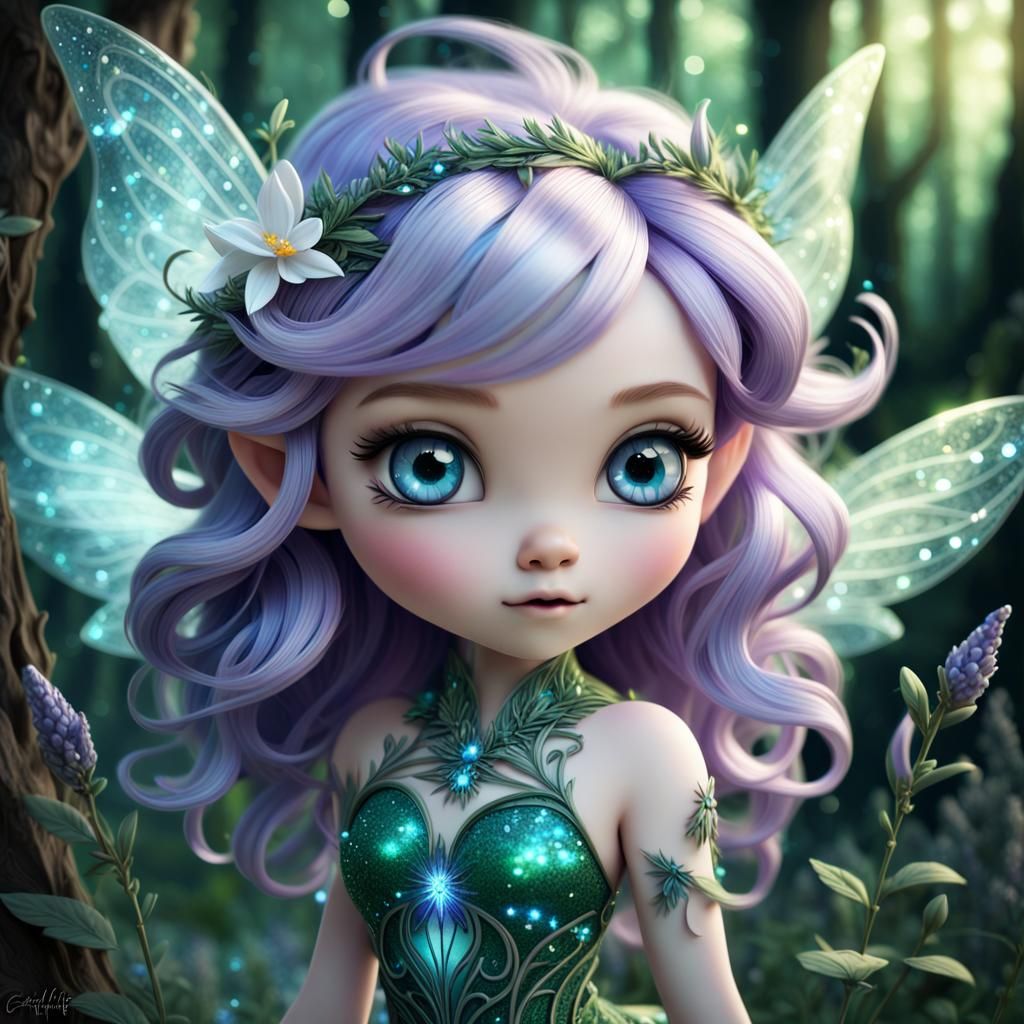 Chibi Spring Fairy with Flowing Lavender Hair
