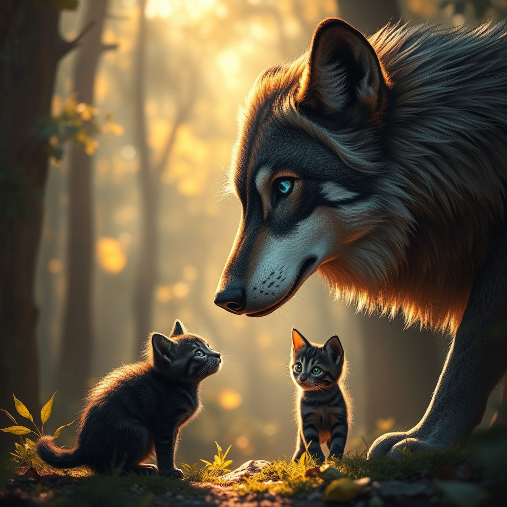 Crimson Wolf and Kitten in Enchanted Forest