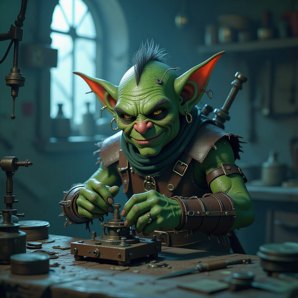 Steampunk Goblin Tinkerer in Dimly Lit Workshop