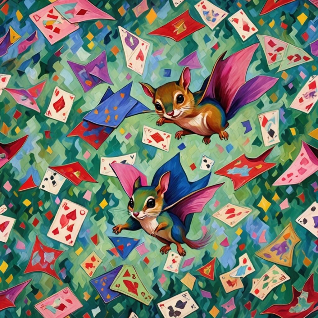 Flying Squirrel Card Game in Renaissance Cubism Style