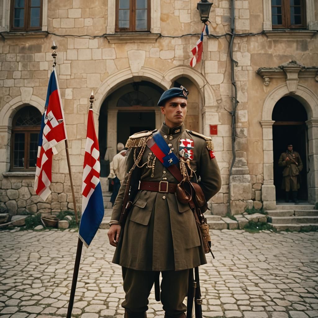 Croatian Soldier with Flag, Cinematic Film Still