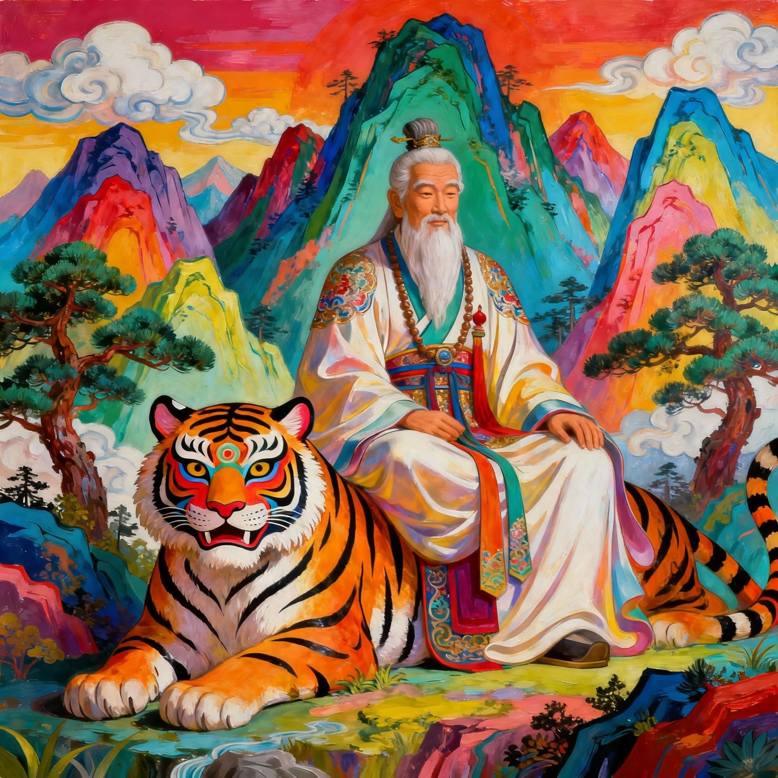 Korean Mountain God and Tiger in Temple Painting Style