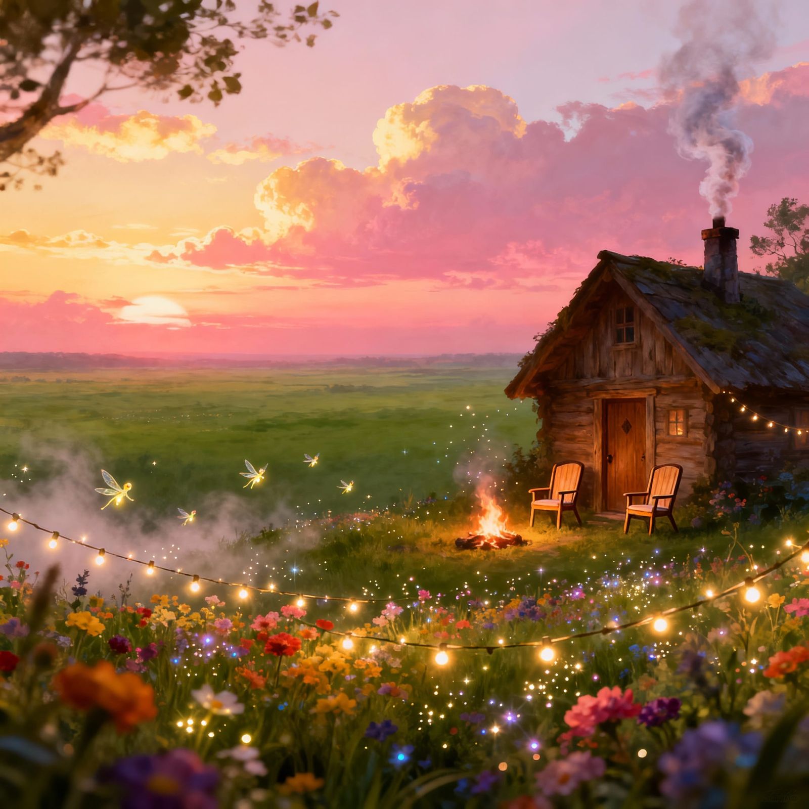 Magical Fairy Meadow at Sunset with Cozy Cottage