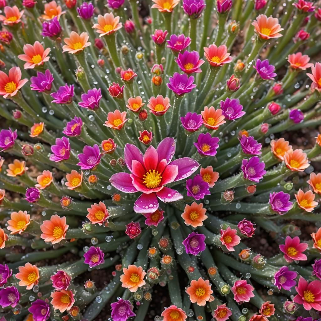 Hyperrealistic Desert Flower with Dew Drops