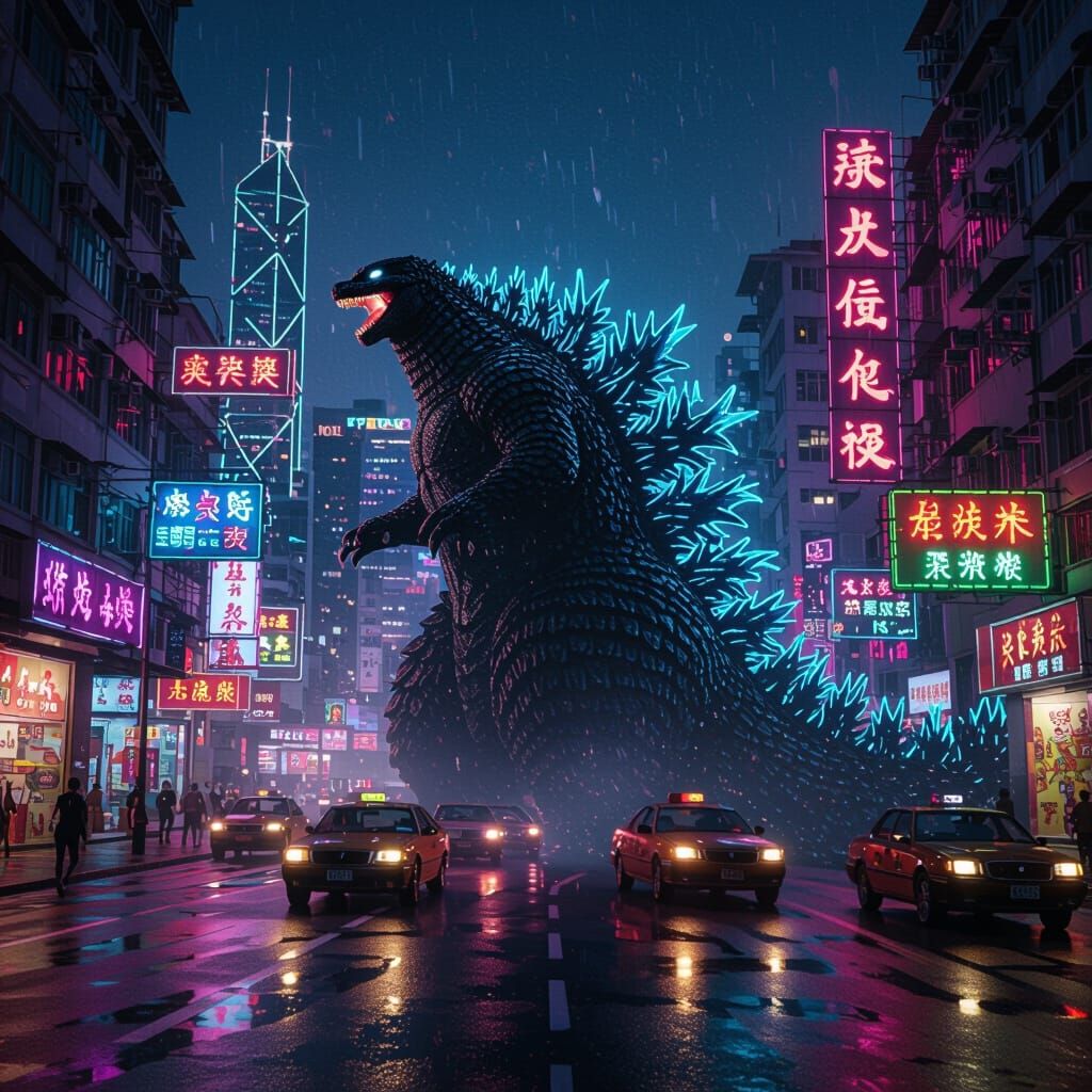 Godzilla Attacks Hong Kong City at Night