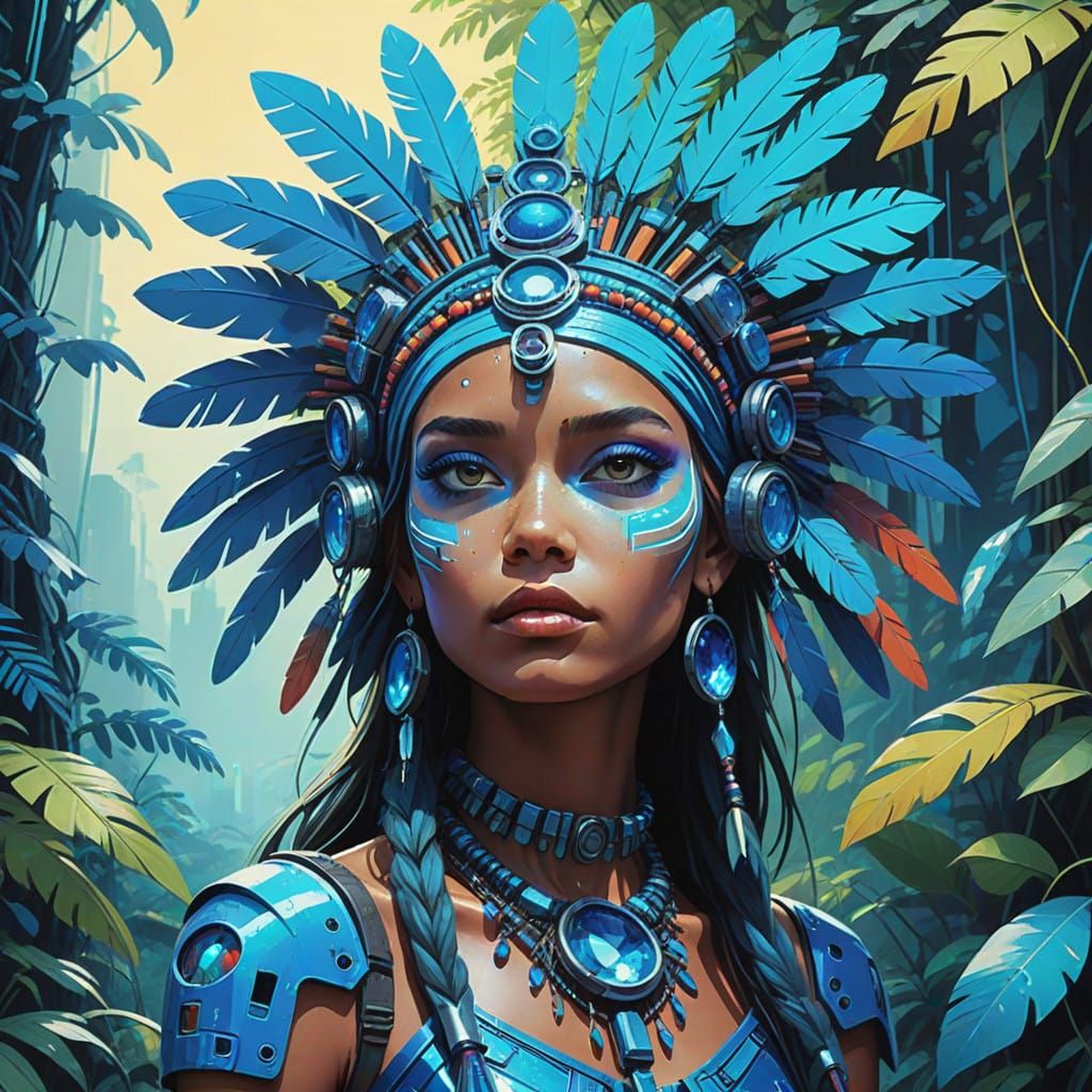 Amazonian Blue Gemstone Tribe Member in Vibrant Blue Jungle