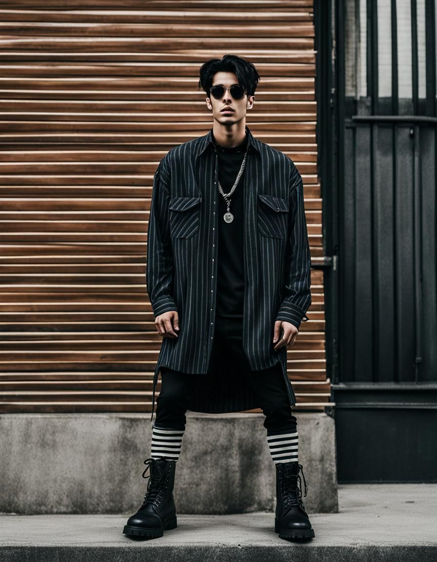 Grunge Fashion Model in Flannel Shirt and Combat Boots