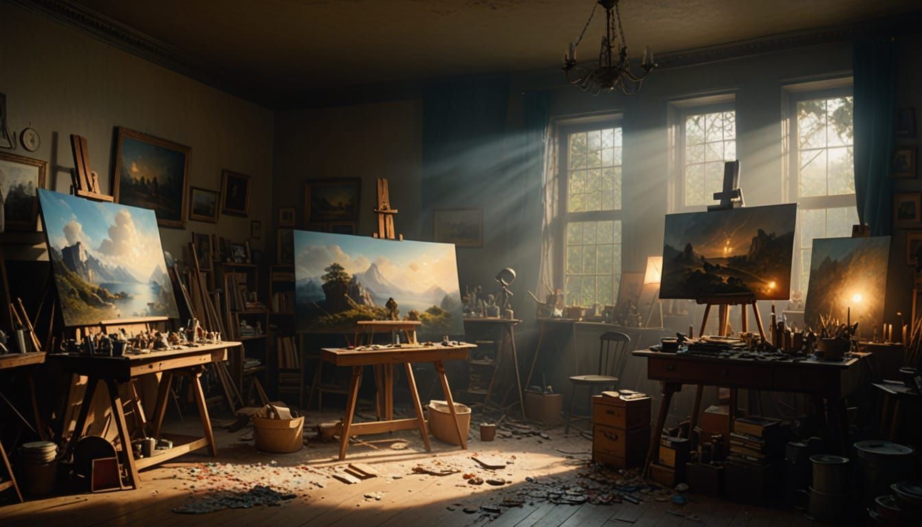 Hyperrealistic Messy Art Studio Digital Matte Painting