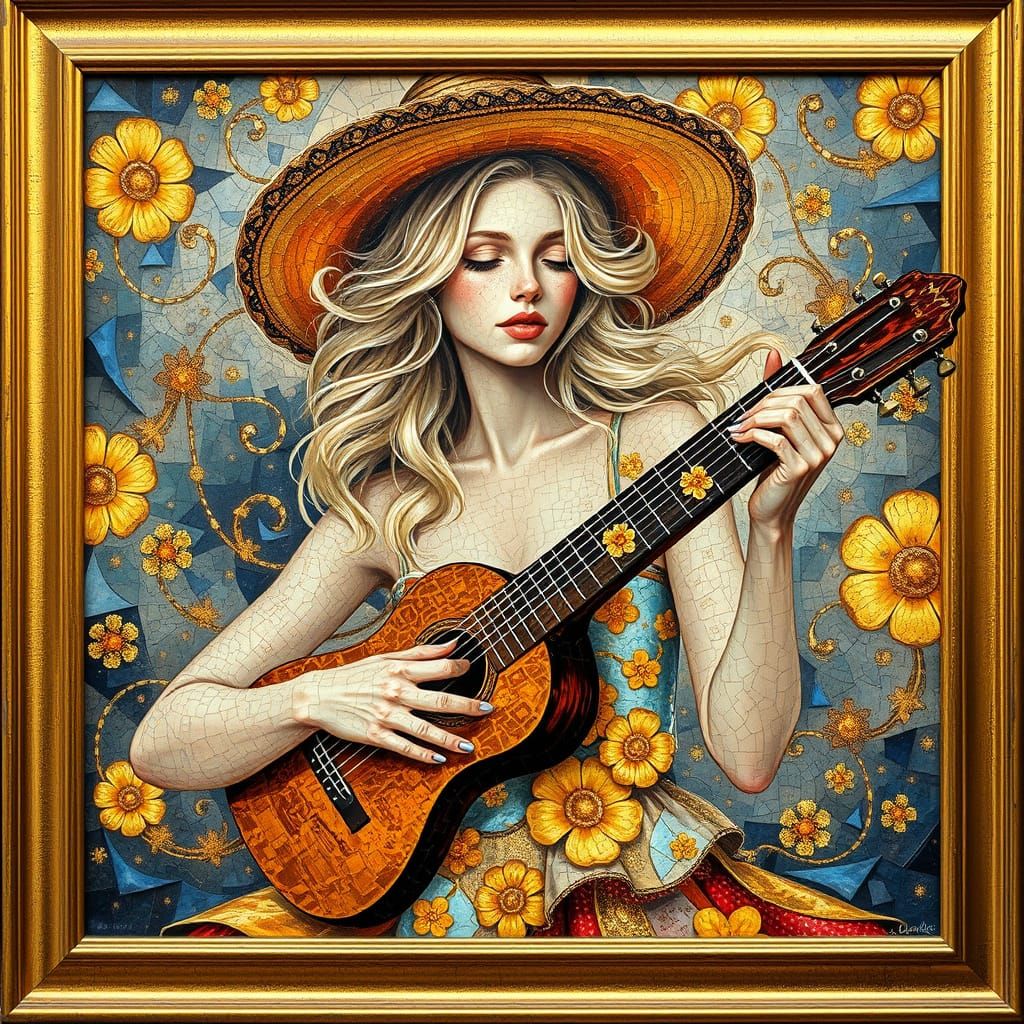 Gilded Goddess Plays Guitar in Dreamlike Landscape